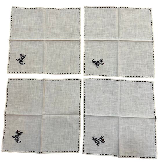 Cocktail napkins (4) YELLOW cotton hand embroidery black Scottish Terriers - Picture 2 of 10